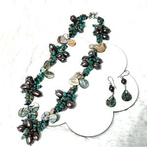 Vintage Abalone Shell Turquoise Beaded Bold Statement Necklace Earrings Set NWOT